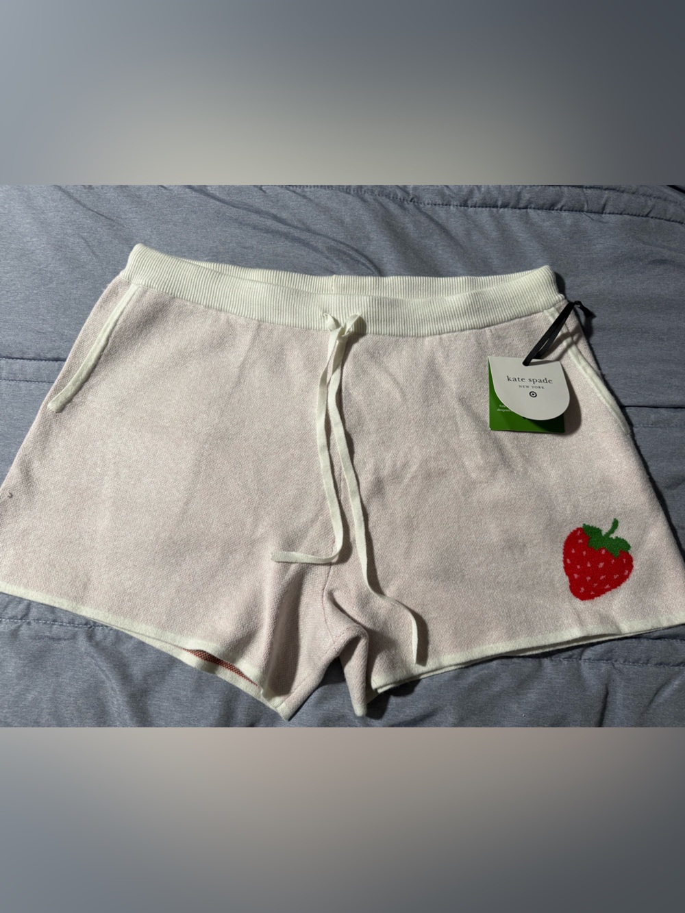 Kate Spade Cream Athletic Knit Shorts with Red Strawberry Accent